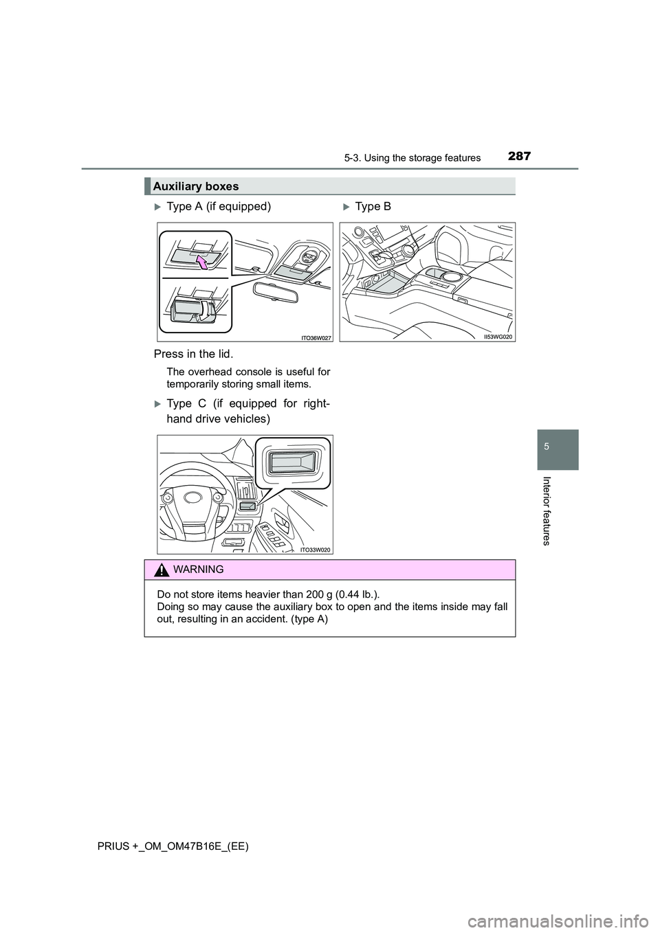 TOYOTA PRIUS PLUS 2015  Owners Manual 2875-3. Using the storage features
PRIUS +_OM_OM47B16E_(EE)
5
Interior features
Auxiliary boxes
�XType A (if equipped)�XType B 
Press in the lid.
The overhead console is useful for
temporarily storing