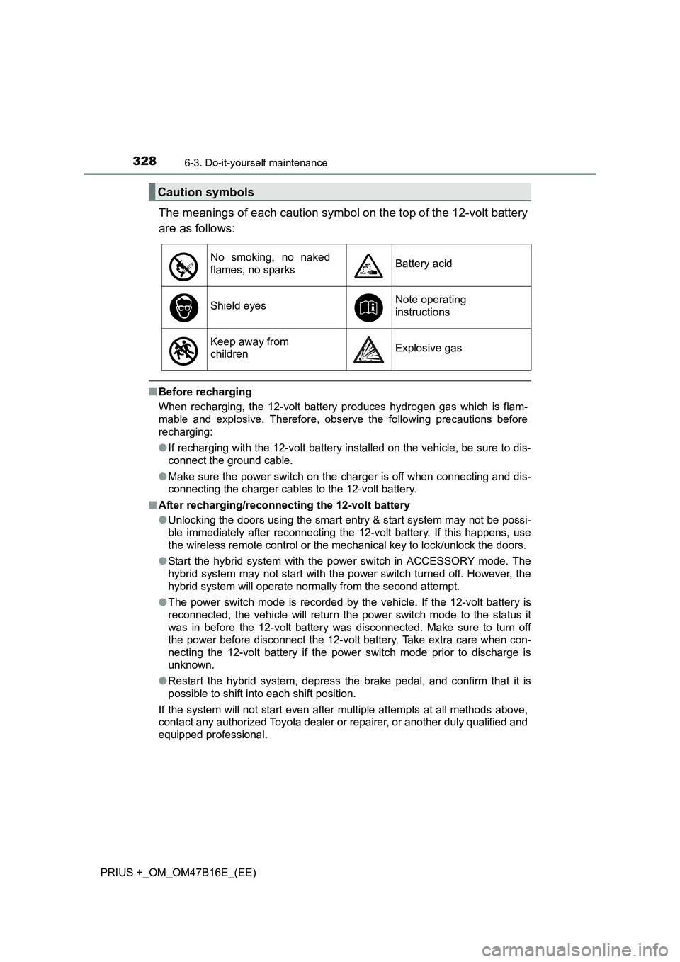 TOYOTA PRIUS PLUS 2015  Owners Manual 3286-3. Do-it-yourself maintenance
PRIUS +_OM_OM47B16E_(EE)
The meanings of each caution symbol on the top of the 12-volt battery
are as follows:
■Before recharging
When recharging, the 12-volt batt