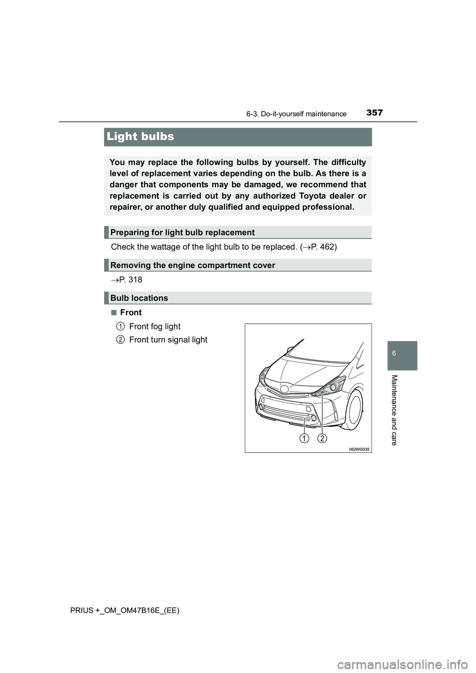 TOYOTA PRIUS PLUS 2015  Owners Manual 3576-3. Do-it-yourself maintenance
PRIUS +_OM_OM47B16E_(EE)
6
Maintenance and care
Light bulbs
Check the wattage of the light bulb to be replaced. (→P. 462)
→ P.  3 1 8
■Front
Front fog light
Fr