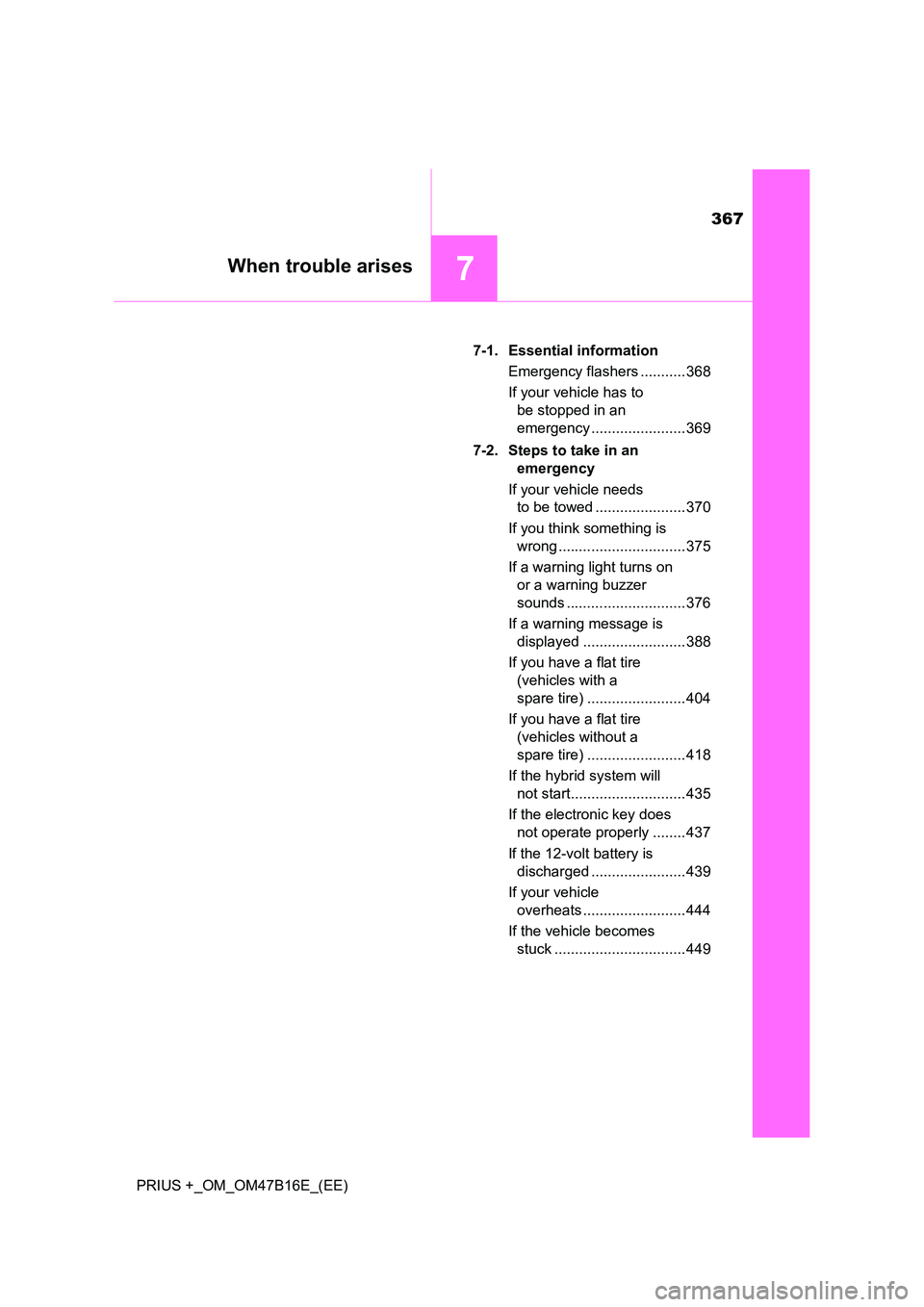 TOYOTA PRIUS PLUS 2015 Owners Manual 367
7When trouble arises
PRIUS +_OM_OM47B16E_(EE)7-1. Essential information
Emergency flashers ........... 368
If your vehicle has to be stopped in an
emergency ....................... 369
7-2. Steps TOYOTA PRIUS PLUS 2015 Owners Manual 367
7When trouble arises
PRIUS +_OM_OM47B16E_(EE)7-1. Essential information
Emergency flashers ........... 368
If your vehicle has to be stopped in an
emergency ....................... 369
7-2. Steps