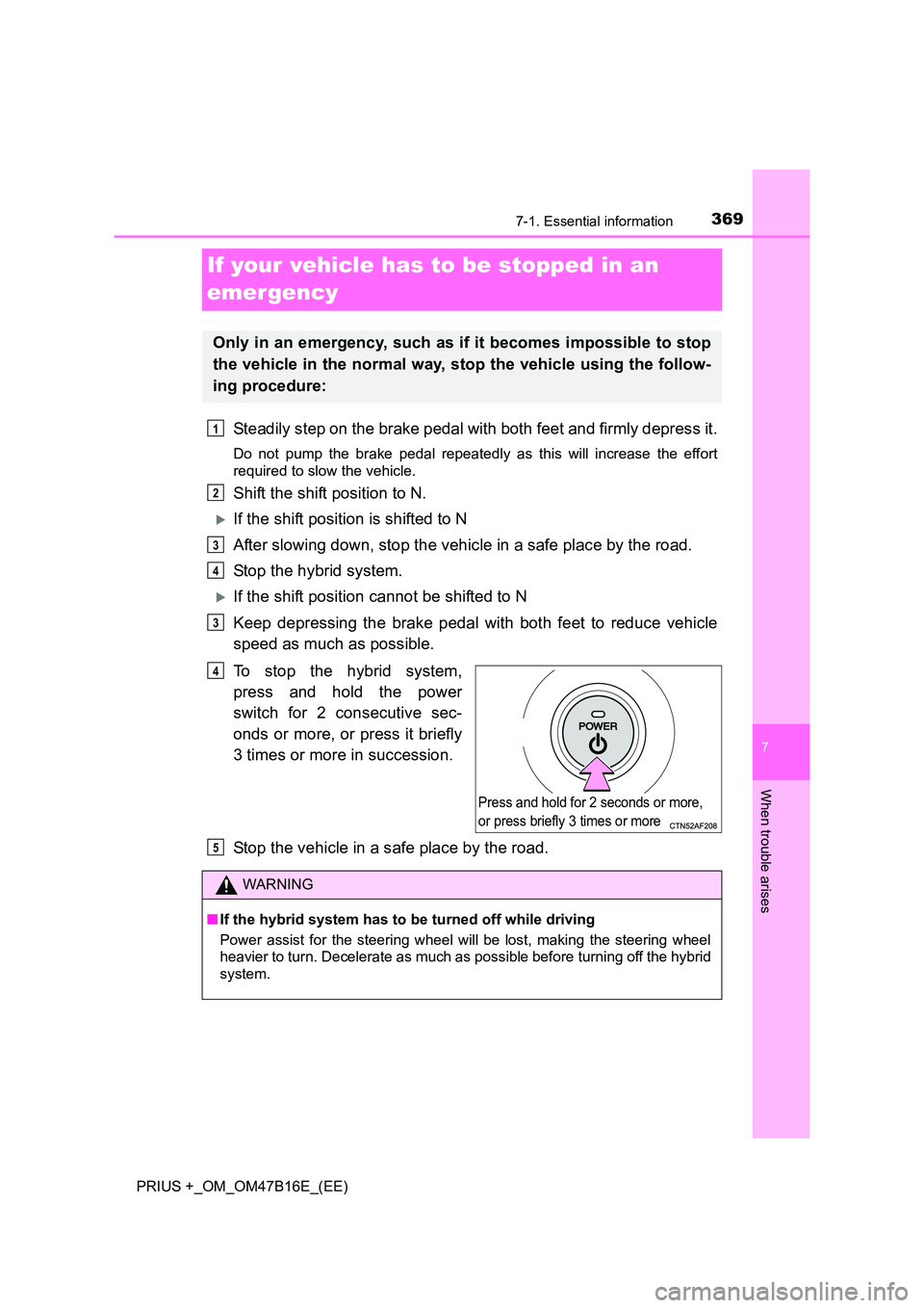 TOYOTA PRIUS PLUS 2015 Owners Manual 3697-1. Essential information
PRIUS +_OM_OM47B16E_(EE)
7
When trouble arises
If your vehicle has to be stopped in an
emergency
Steadily step on the brake pedal with both feet and firmly depress it.
D TOYOTA PRIUS PLUS 2015 Owners Manual 3697-1. Essential information
PRIUS +_OM_OM47B16E_(EE)
7
When trouble arises
If your vehicle has to be stopped in an
emergency
Steadily step on the brake pedal with both feet and firmly depress it.
D