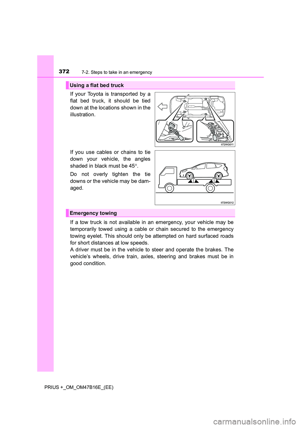 TOYOTA PRIUS PLUS 2015  Owners Manual 3727-2. Steps to take in an emergency
PRIUS +_OM_OM47B16E_(EE)
If your Toyota is transported by a
flat bed truck, it should be tied
down at the locations shown in the
illustration.
If you use cables o