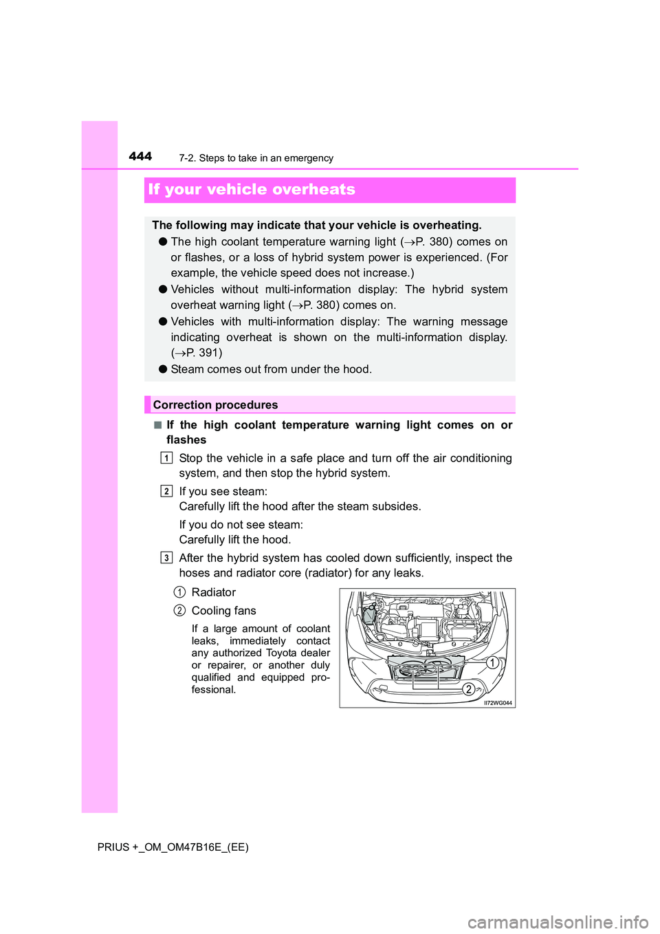 TOYOTA PRIUS PLUS 2015  Owners Manual 4447-2. Steps to take in an emergency
PRIUS +_OM_OM47B16E_(EE)
If your vehicle overheats
■If the high coolant temperature warning light comes on or
flashesStop the vehicle in a safe place and turn o