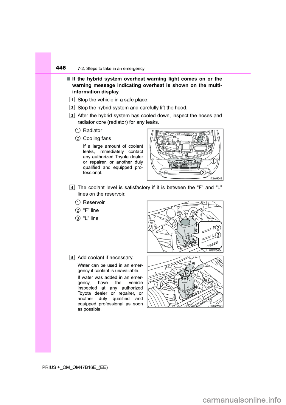 TOYOTA PRIUS PLUS 2015  Owners Manual 4467-2. Steps to take in an emergency
PRIUS +_OM_OM47B16E_(EE)■
If the hybrid system overheat warning light comes on or the
warning message indicating overheat is shown on the multi-
information dis