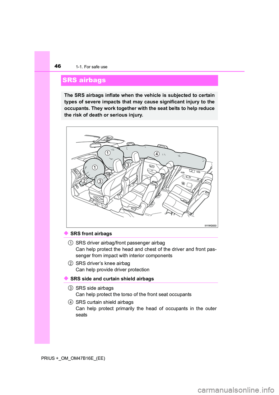 TOYOTA PRIUS PLUS 2015 Service Manual 461-1. For safe use
PRIUS +_OM_OM47B16E_(EE)
SRS airbags
◆SRS front airbagsSRS driver airbag/front passenger airbag
Can help protect the head and chest of the driver and front pas-
senger from impac TOYOTA PRIUS PLUS 2015 Service Manual 461-1. For safe use
PRIUS +_OM_OM47B16E_(EE)
SRS airbags
◆SRS front airbagsSRS driver airbag/front passenger airbag
Can help protect the head and chest of the driver and front pas-
senger from impac