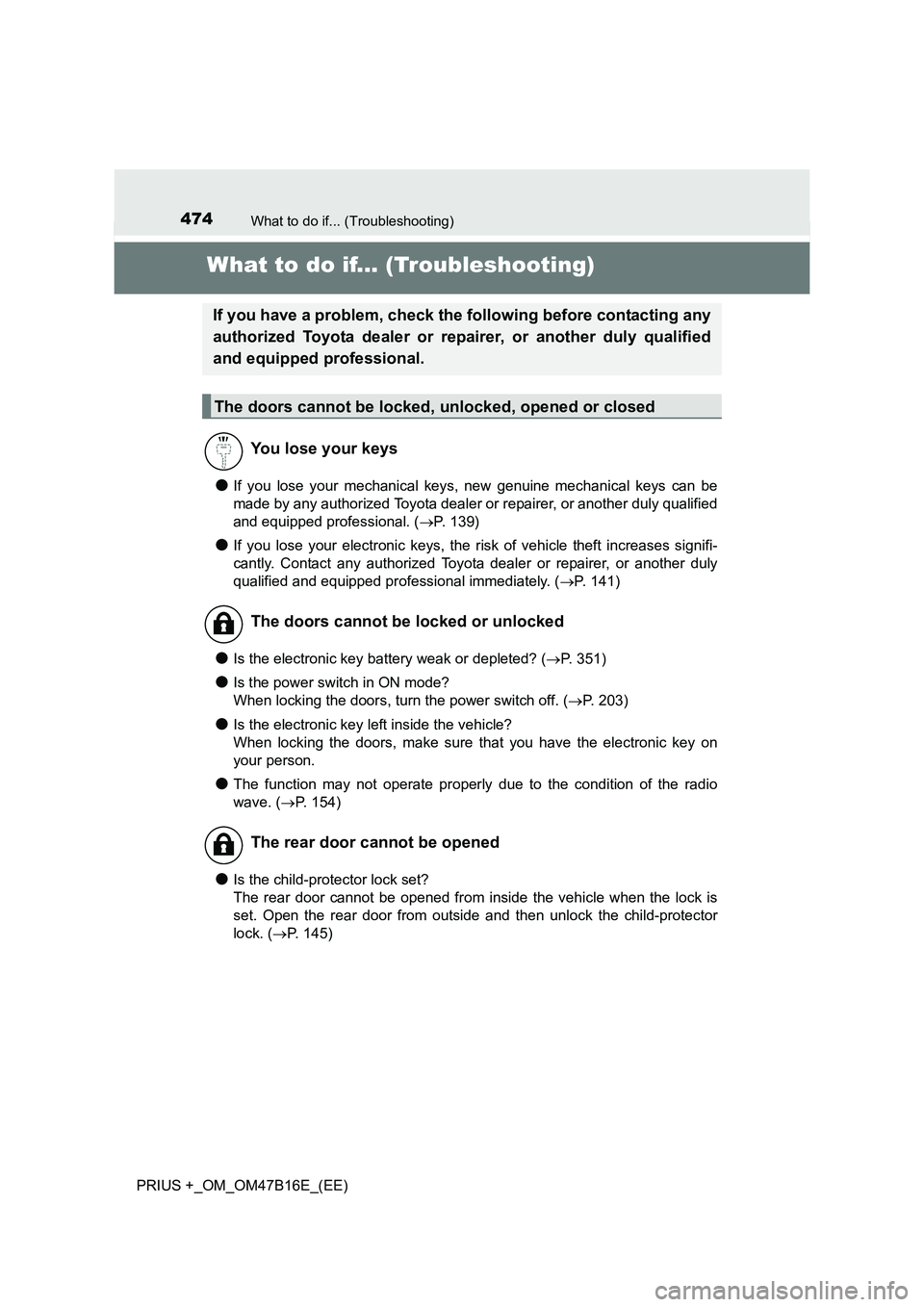 TOYOTA PRIUS PLUS 2015 Owners Manual 474What to do if... (Troubleshooting)
PRIUS +_OM_OM47B16E_(EE)
What to do if... (Troubleshooting)
●If you lose your mechanical keys, new genuine mechanical keys can be
made by any authorized Toyota TOYOTA PRIUS PLUS 2015 Owners Manual 474What to do if... (Troubleshooting)
PRIUS +_OM_OM47B16E_(EE)
What to do if... (Troubleshooting)
●If you lose your mechanical keys, new genuine mechanical keys can be
made by any authorized Toyota