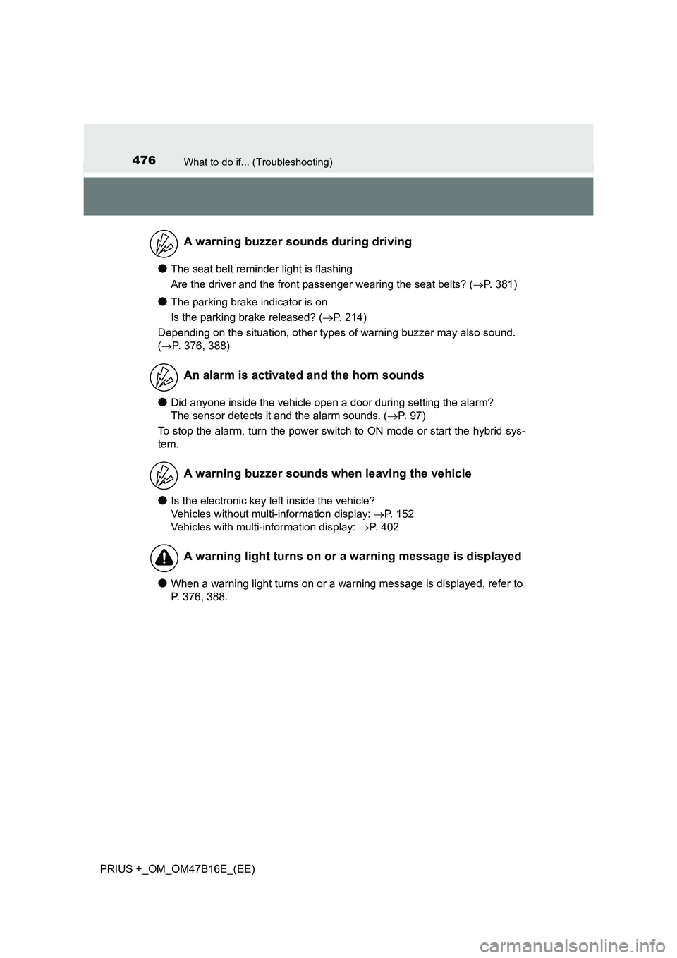 TOYOTA PRIUS PLUS 2015 Owners Manual 476What to do if... (Troubleshooting)
PRIUS +_OM_OM47B16E_(EE)
●The seat belt reminder light is flashing
Are the driver and the front passenger wearing the seat belts? (→P. 381)
●The parking bra TOYOTA PRIUS PLUS 2015 Owners Manual 476What to do if... (Troubleshooting)
PRIUS +_OM_OM47B16E_(EE)
●The seat belt reminder light is flashing
Are the driver and the front passenger wearing the seat belts? (→P. 381)
●The parking bra