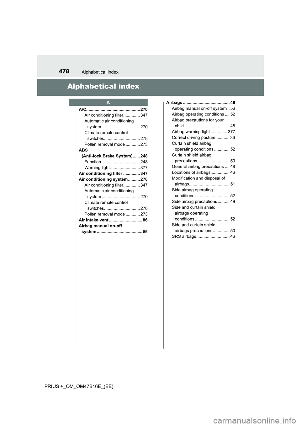 TOYOTA PRIUS PLUS 2015 Owners Manual 478Alphabetical index
PRIUS +_OM_OM47B16E_(EE)
Alphabetical index
A/C............................................. 270Air conditioning filter.............. 347
Automatic air conditioning
system ..... TOYOTA PRIUS PLUS 2015 Owners Manual 478Alphabetical index
PRIUS +_OM_OM47B16E_(EE)
Alphabetical index
A/C............................................. 270Air conditioning filter.............. 347
Automatic air conditioning
system .....
