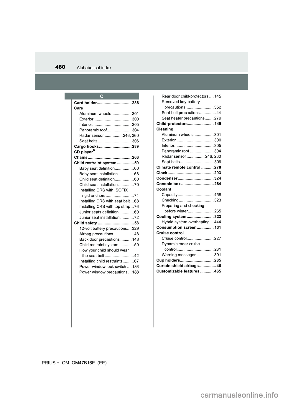 TOYOTA PRIUS PLUS 2015  Owners Manual 480Alphabetical index
PRIUS +_OM_OM47B16E_(EE)
Card holder............................... 288
CareAluminum wheels .................. 301
Exterior.................................. 300
Interior .......