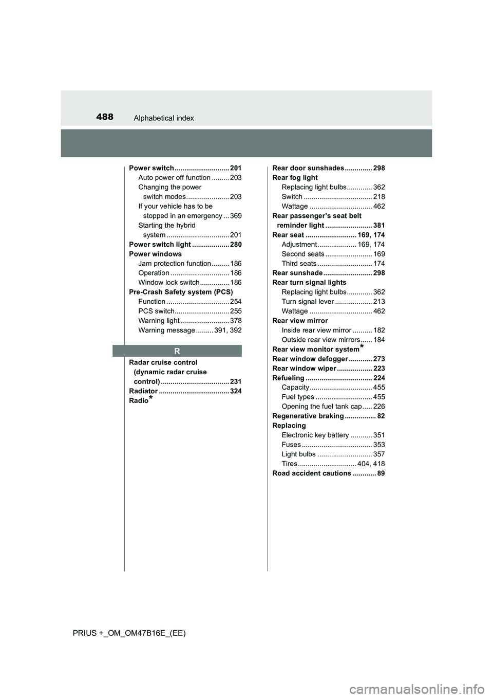 TOYOTA PRIUS PLUS 2015 Owners Manual 488Alphabetical index
PRIUS +_OM_OM47B16E_(EE)
Power switch ............................ 201Auto power off function ......... 203
Changing the power switch modes...................... 203
If your vehi TOYOTA PRIUS PLUS 2015 Owners Manual 488Alphabetical index
PRIUS +_OM_OM47B16E_(EE)
Power switch ............................ 201Auto power off function ......... 203
Changing the power switch modes...................... 203
If your vehi