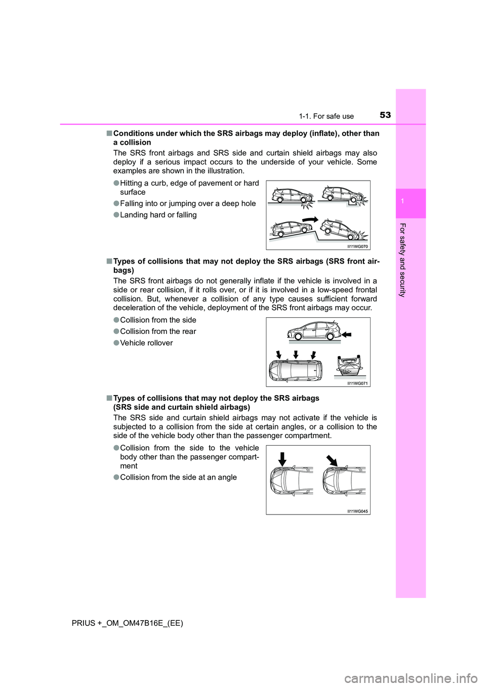 TOYOTA PRIUS PLUS 2015 Workshop Manual 531-1. For safe use
1
PRIUS +_OM_OM47B16E_(EE)
For safety and security
■Conditions under which the SRS airbags may deploy (inflate), other than
a collision
The SRS front airbags and SRS side and cur TOYOTA PRIUS PLUS 2015 Workshop Manual 531-1. For safe use
1
PRIUS +_OM_OM47B16E_(EE)
For safety and security
■Conditions under which the SRS airbags may deploy (inflate), other than
a collision
The SRS front airbags and SRS side and cur