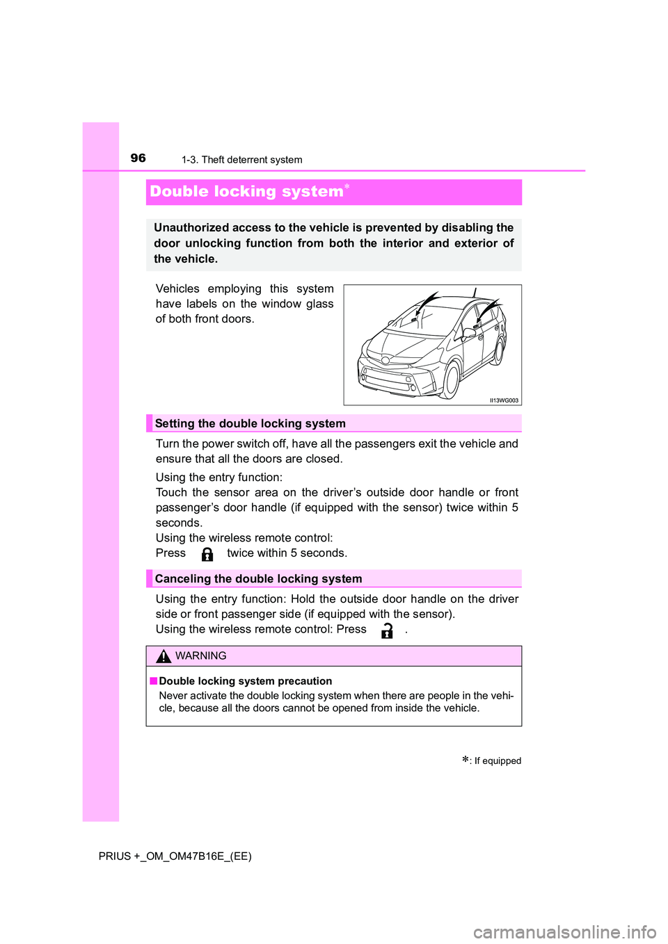 TOYOTA PRIUS PLUS 2015  Owners Manual 961-3. Theft deterrent system
PRIUS +_OM_OM47B16E_(EE)
Double locking system∗
Vehicles employing this system
have labels on the window glass
of both front doors.
Turn the power switch off, have all 