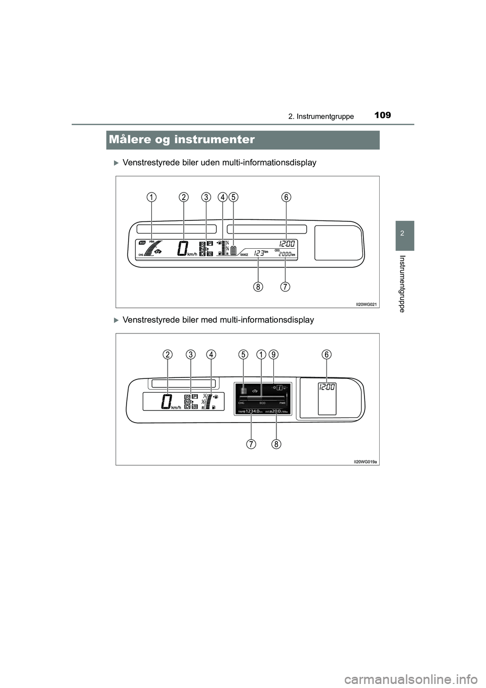 TOYOTA PRIUS PLUS 2015  Brugsanvisning (in Danish) 109
2
2. Instrumentgruppe
Instrumentgruppe
OM47888DK
Målere og instrumenter
Venstrestyrede biler uden multi-informationsdisplay
Venstrestyrede biler med multi-informationsdisplay
OM47888DK.book