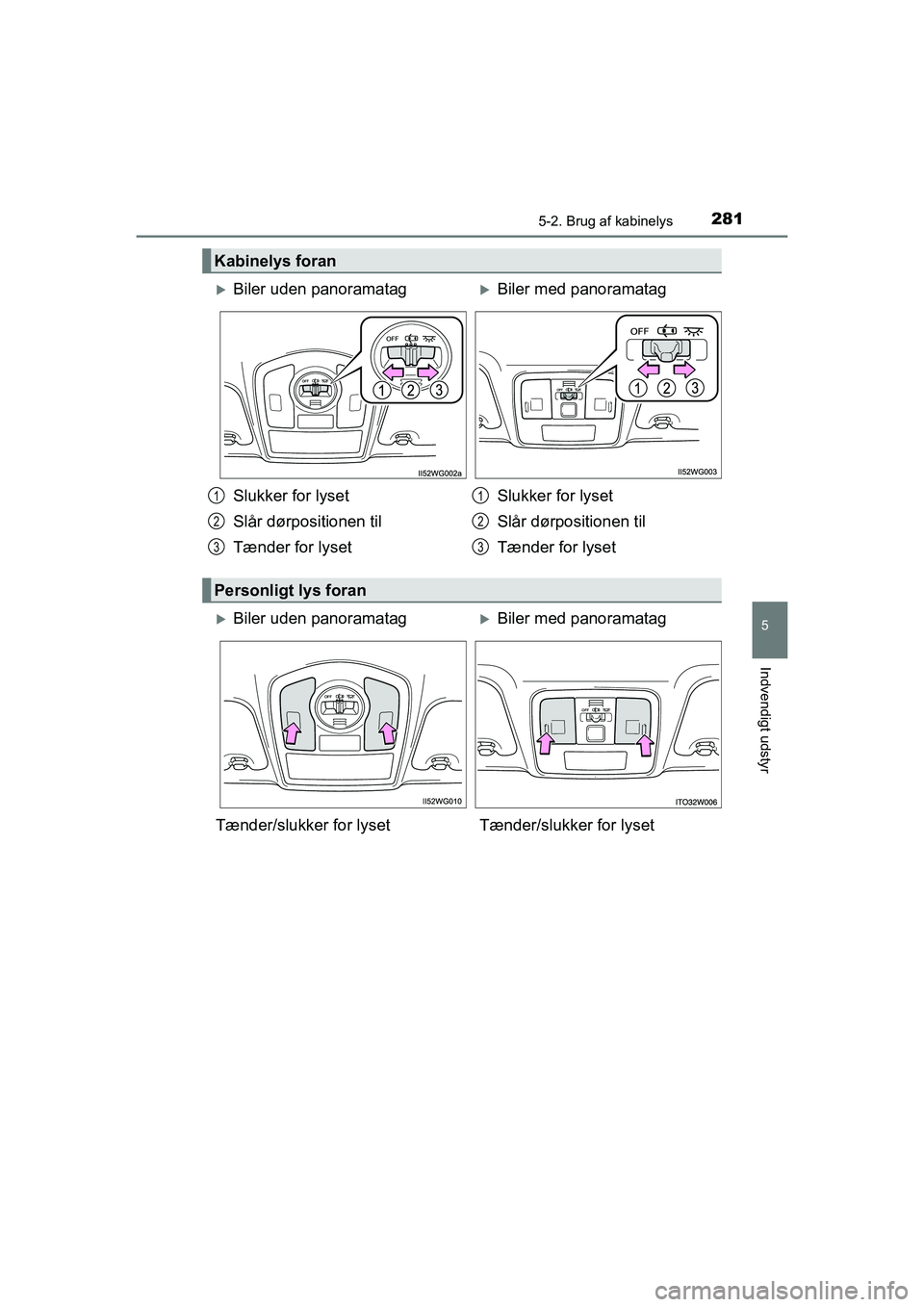 TOYOTA PRIUS PLUS 2015  Brugsanvisning (in Danish) 2815-2. Brug af kabinelys
OM47888DK
5
Indvendigt udstyr
Kabinelys foran
Biler uden panoramatagBiler med panoramatag
Slukker for lyset
Slår dørpositionen til
Tænder for lyset Slukker for lyset
