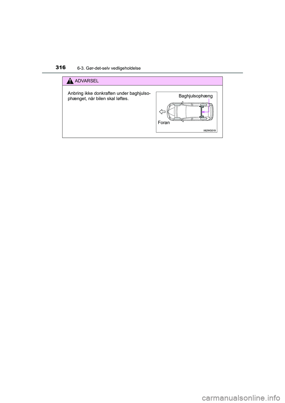 TOYOTA PRIUS PLUS 2015  Brugsanvisning (in Danish) 3166-3. Gør-det-selv vedligeholdelse
OM47888DK
ADVARSEL
Anbring ikke donkraften under baghjulso-
phænget, når bilen skal løftes.Baghjulsophæng
Foran
OM47888DK.book  Page 316  Mond ay, October 29,