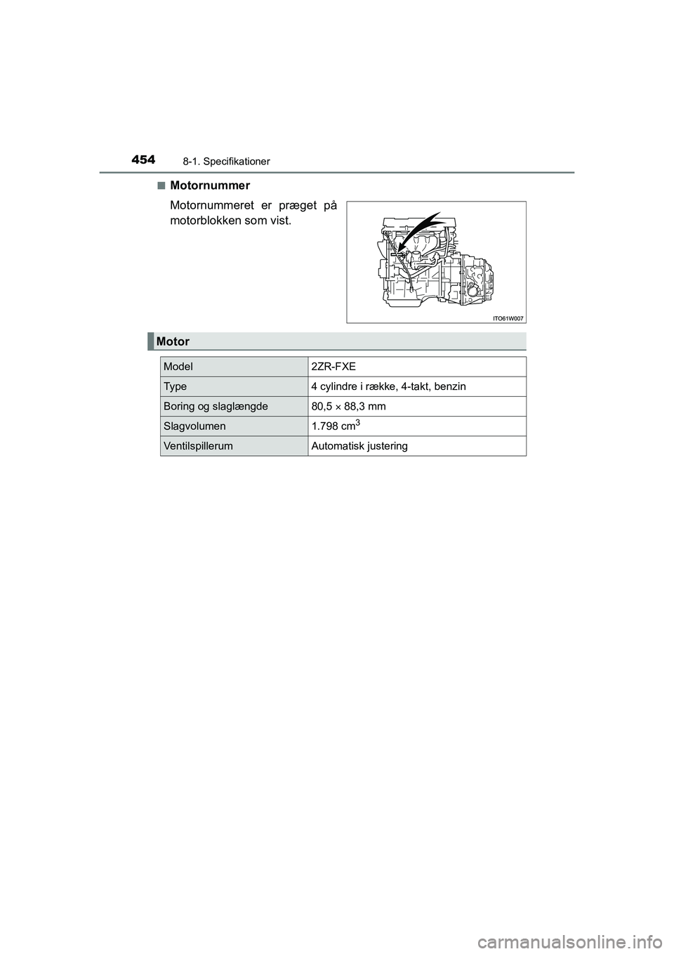 TOYOTA PRIUS PLUS 2015  Brugsanvisning (in Danish) 4548-1. Specifikationer
OM47888DKn
Motornummer
Motornummeret er præget på
motorblokken som vist.
Motor
Model2ZR-FXE
Ty p e4 cylindre i række, 4-takt, benzin
Boring og slaglængde80,5 
 88,3 mm
S