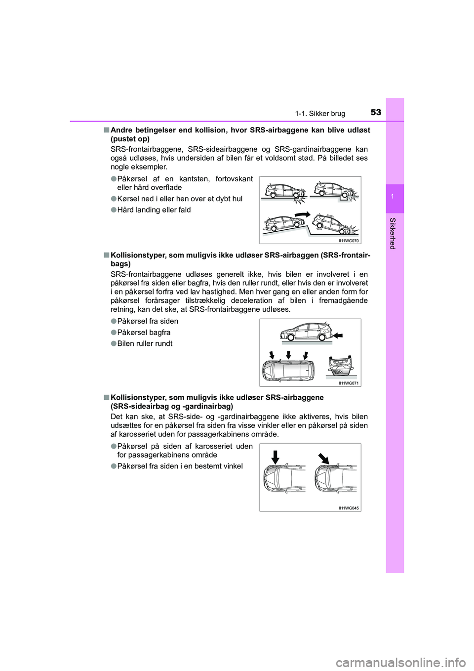 TOYOTA PRIUS PLUS 2015 Brugsanvisning (in Danish) 531-1. Sikker brug
1
OM47888DK
Sikkerhed
nAndre betingelser end kollision, hv or SRS-airbaggene kan blive udløst
(pustet op)
SRS-frontairbaggene, SRS-sideairbaggene og SRS-gardinairbaggene kan
også TOYOTA PRIUS PLUS 2015 Brugsanvisning (in Danish) 531-1. Sikker brug
1
OM47888DK
Sikkerhed
nAndre betingelser end kollision, hv or SRS-airbaggene kan blive udløst
(pustet op)
SRS-frontairbaggene, SRS-sideairbaggene og SRS-gardinairbaggene kan
også