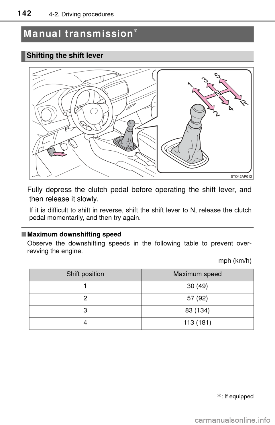 TOYOTA YARIS 2017 3.G Owners Manual 1424-2. Driving procedures
Manual transmission∗
Fully depress the clutch pedal before operating the shift lever, andthen release it slowly.
If it is difficult to shift in reverse, shift the shift le
