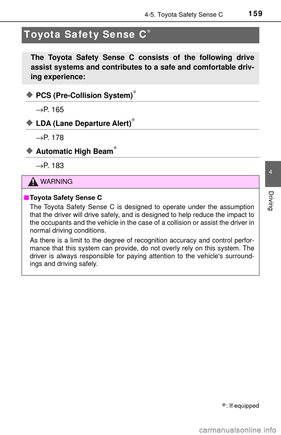 TOYOTA YARIS 2017 3.G Service Manual 1594-5. Toyota Safety Sense C
4
Driving
Toyota Safety Sense C∗
◆PCS (Pre-Collision System)∗
→P.  1 6 5
◆LDA (Lane Departure Alert)∗
→P.  1 7 8
◆Automatic High Beam∗
→P.  1 8 3
∗: