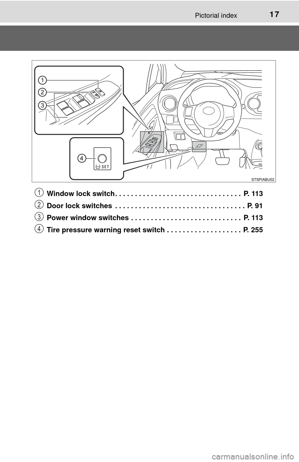 TOYOTA YARIS 2017 3.G User Guide 17Pictorial index
Window lock switch . . . . . . . . . . . . . . . . . . . . . . . . . . . . . . . . P. 113
Door lock switches . . . . . . . . . . . . . . . . . . . . . . . . . . . . . . . . . P. 9 TOYOTA YARIS 2017 3.G User Guide 17Pictorial index
Window lock switch . . . . . . . . . . . . . . . . . . . . . . . . . . . . . . . . P. 113
Door lock switches . . . . . . . . . . . . . . . . . . . . . . . . . . . . . . . . . P. 9