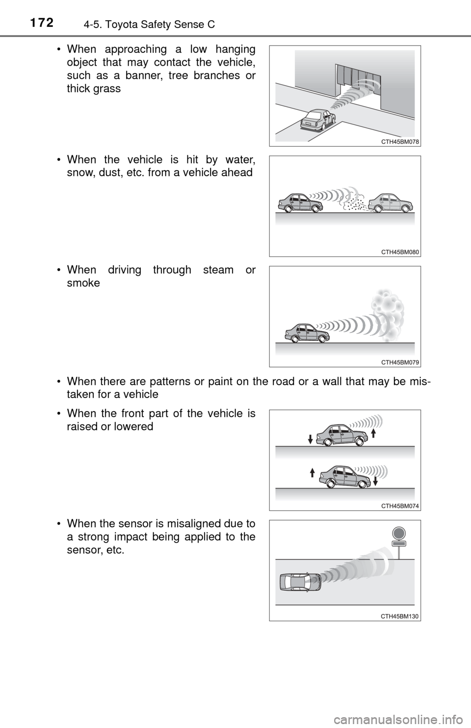 TOYOTA YARIS 2017 3.G Owners Manual 1724-5. Toyota Safety Sense C
• When there are patterns or paint on the road or a wall that may be mis-taken for a vehicle
• When approaching a low hanging
object that may contact the vehicle,
suc TOYOTA YARIS 2017 3.G Owners Manual 1724-5. Toyota Safety Sense C
• When there are patterns or paint on the road or a wall that may be mis-taken for a vehicle
• When approaching a low hanging
object that may contact the vehicle,
suc