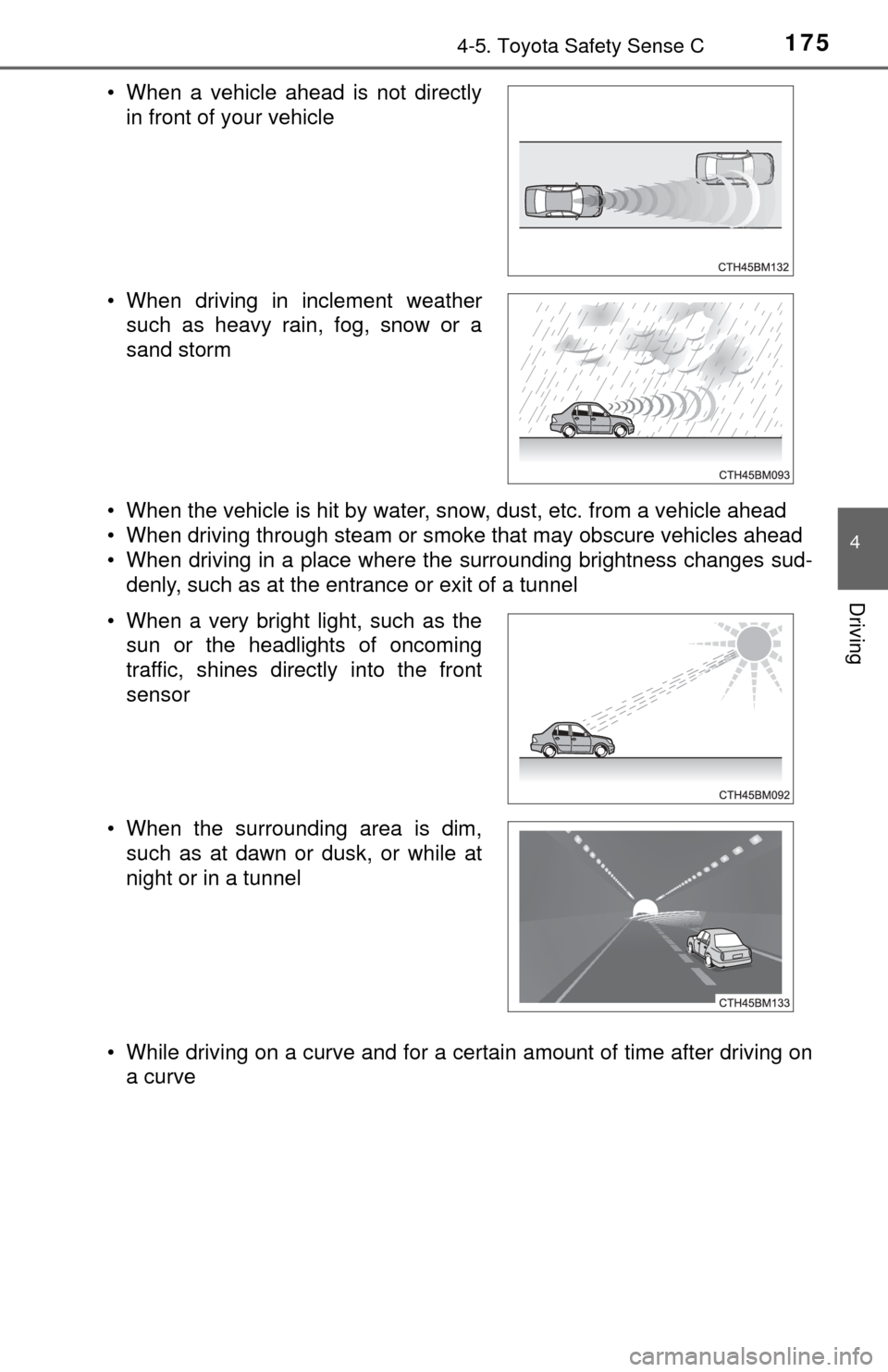 TOYOTA YARIS 2017 3.G Owners Manual 1754-5. Toyota Safety Sense C
4
Driving
• When the vehicle is hit by water, snow, dust, etc. from a vehicle ahead
• When driving through steam or smoke that may obscure vehicles ahead
• When dri TOYOTA YARIS 2017 3.G Owners Manual 1754-5. Toyota Safety Sense C
4
Driving
• When the vehicle is hit by water, snow, dust, etc. from a vehicle ahead
• When driving through steam or smoke that may obscure vehicles ahead
• When dri