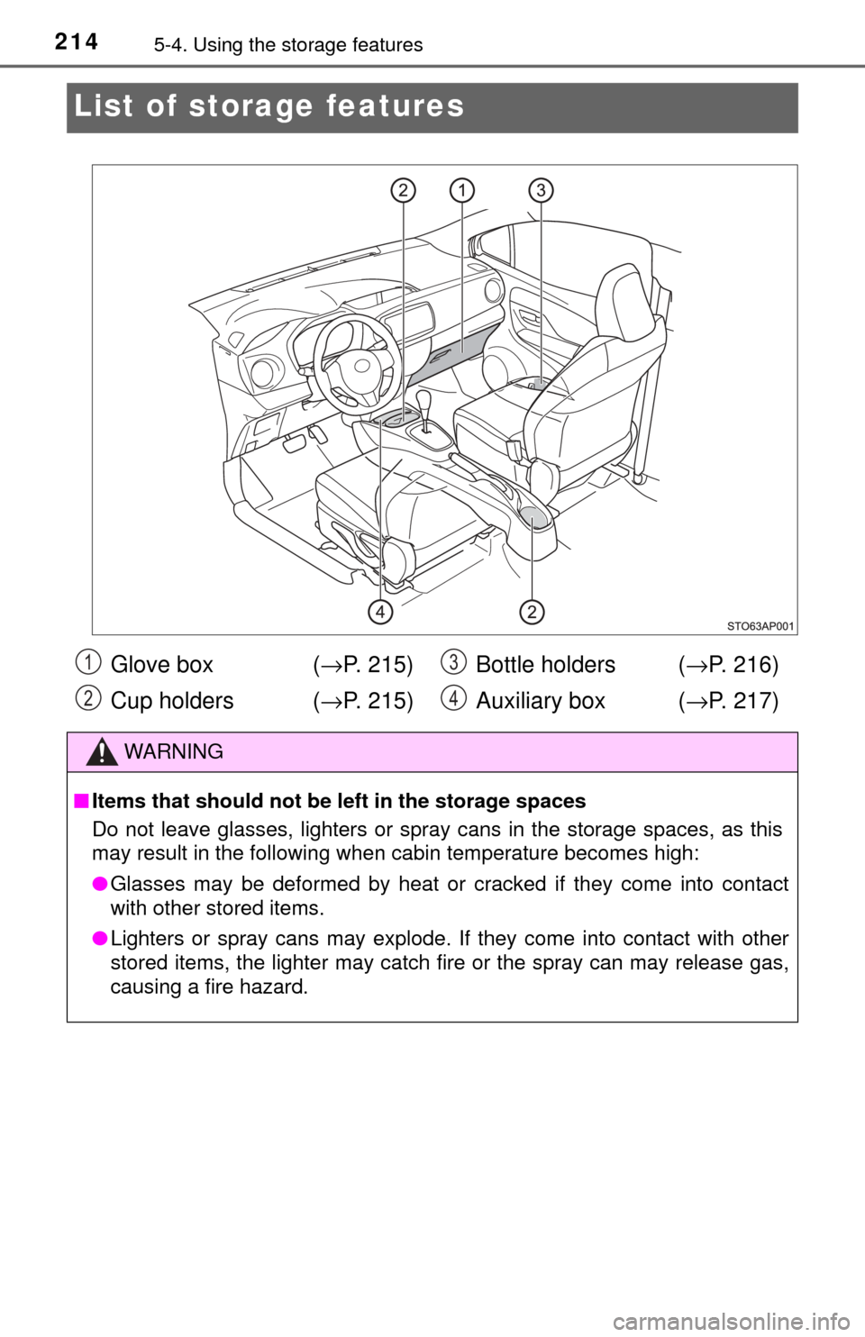 TOYOTA YARIS 2017 3.G Owners Manual 2145-4. Using the storage features
List of storage features
Glove box  ( →P. 215)
Cup holders  ( →P. 215) Bottle holders (
→P. 216)
Auxiliary box ( →P. 217)
WARNING
■Items that should not be