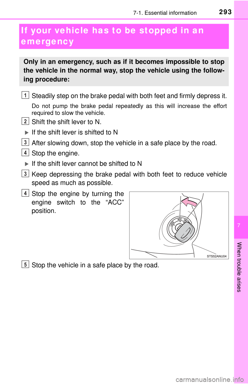 TOYOTA YARIS 2017 3.G Owners Manual 293
7
When trouble arises
7-1. Essential information
If your vehicle has to be stopped in an
emergency
Steadily step on the brake pedal with both feet and firmly depress it.
Do not pump the brake pe TOYOTA YARIS 2017 3.G Owners Manual 293
7
When trouble arises
7-1. Essential information
If your vehicle has to be stopped in an
emergency
Steadily step on the brake pedal with both feet and firmly depress it.
Do not pump the brake pe
