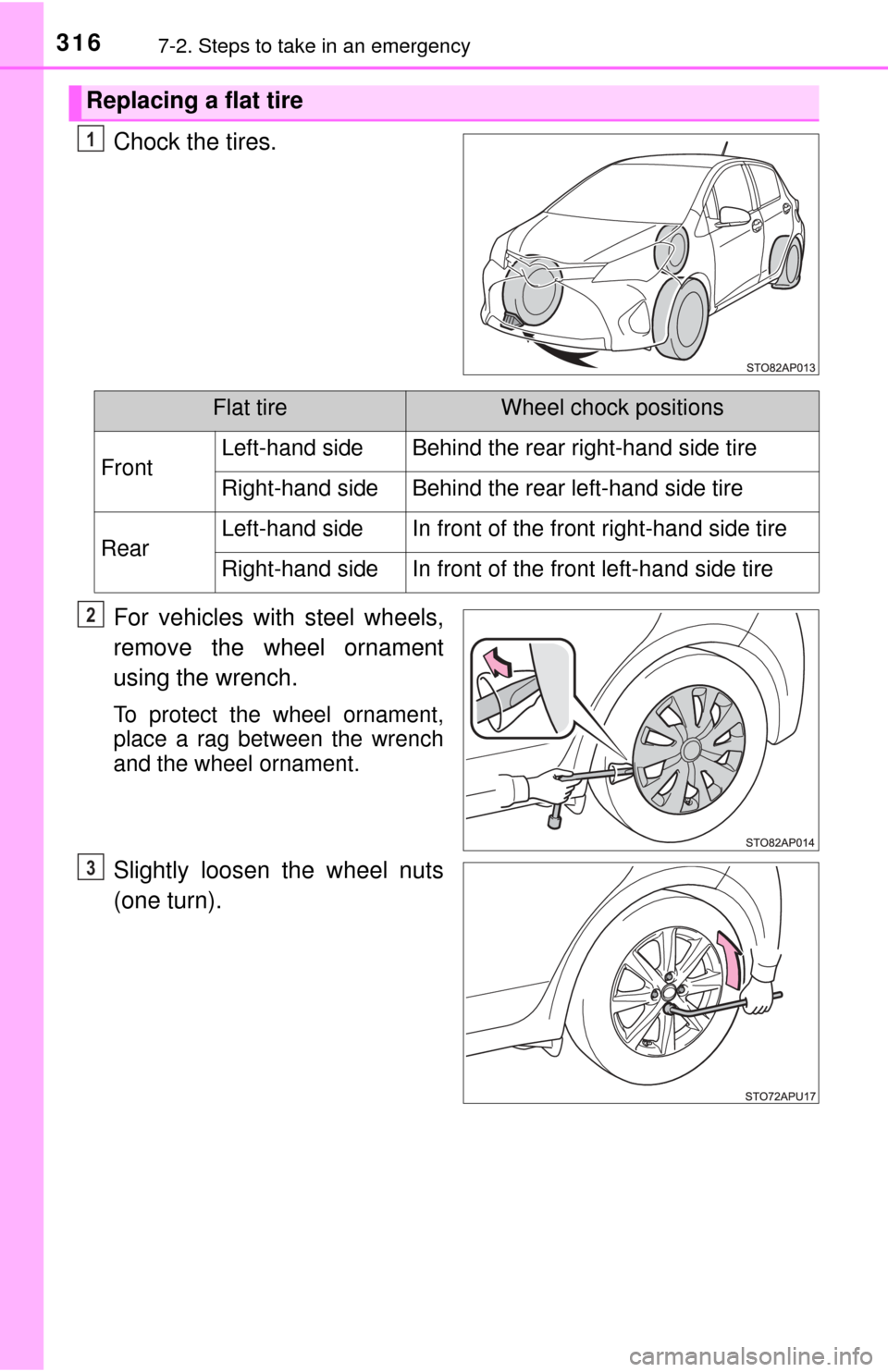 TOYOTA YARIS 2017 3.G Owners Manual 3167-2. Steps to take in an emergency
Chock the tires.
For vehicles with steel wheels,
remove the wheel ornament
using the wrench.
To protect the wheel ornament,
place a rag between the wrench
and the TOYOTA YARIS 2017 3.G Owners Manual 3167-2. Steps to take in an emergency
Chock the tires.
For vehicles with steel wheels,
remove the wheel ornament
using the wrench.
To protect the wheel ornament,
place a rag between the wrench
and the