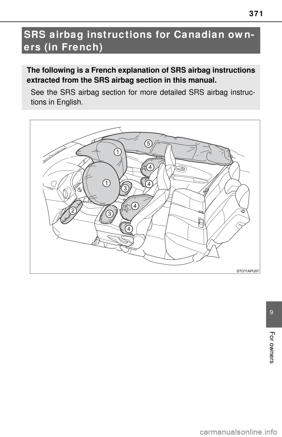 TOYOTA YARIS 2017 3.G Owners Manual 371
9
For owners
SRS airbag instructions for Canadian own-
ers (in French)
The following is a French explanation of SRS airbag instructions
extracted from the SRS airbag section in this manual.
See th TOYOTA YARIS 2017 3.G Owners Manual 371
9
For owners
SRS airbag instructions for Canadian own-
ers (in French)
The following is a French explanation of SRS airbag instructions
extracted from the SRS airbag section in this manual.
See th
