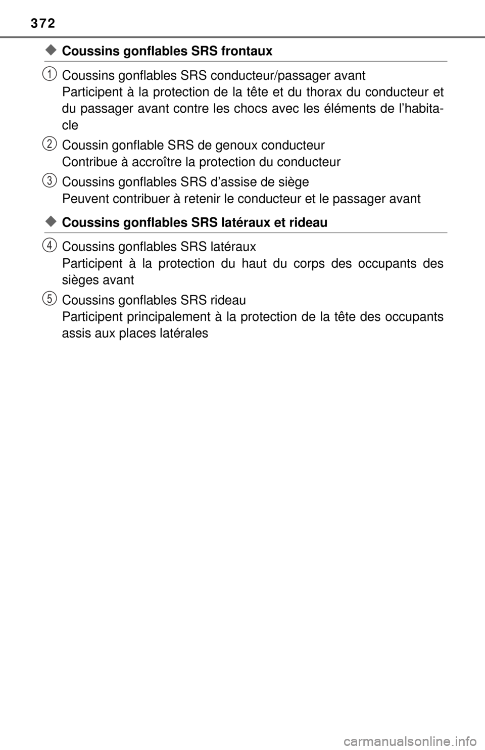 TOYOTA YARIS 2017 3.G Owners Manual 372
◆Coussins gonflables SRS frontaux
Coussins gonflables SRS conducteur/passager avant
Participent à la protection de la  tête et du thorax du conducteur et
du passager avant contre les choc s av