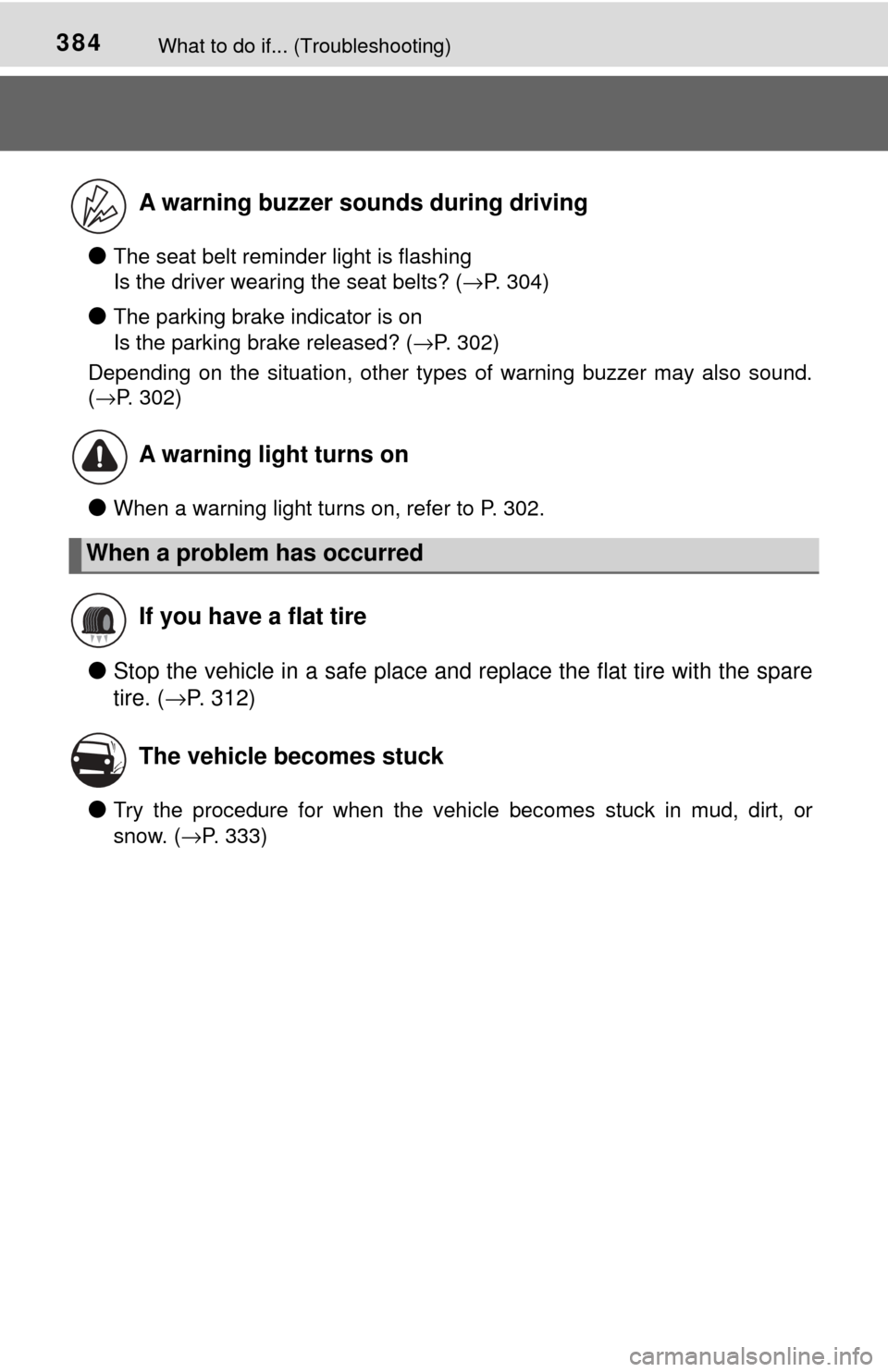 TOYOTA YARIS 2017 3.G Owners Manual 384What to do if... (Troubleshooting)
●The seat belt reminder light is flashing
Is the driver wearing the seat belts? (→P. 304)
●The parking brake indicator is on
Is the parking brake released TOYOTA YARIS 2017 3.G Owners Manual 384What to do if... (Troubleshooting)
●The seat belt reminder light is flashing
Is the driver wearing the seat belts? (→P. 304)
●The parking brake indicator is on
Is the parking brake released