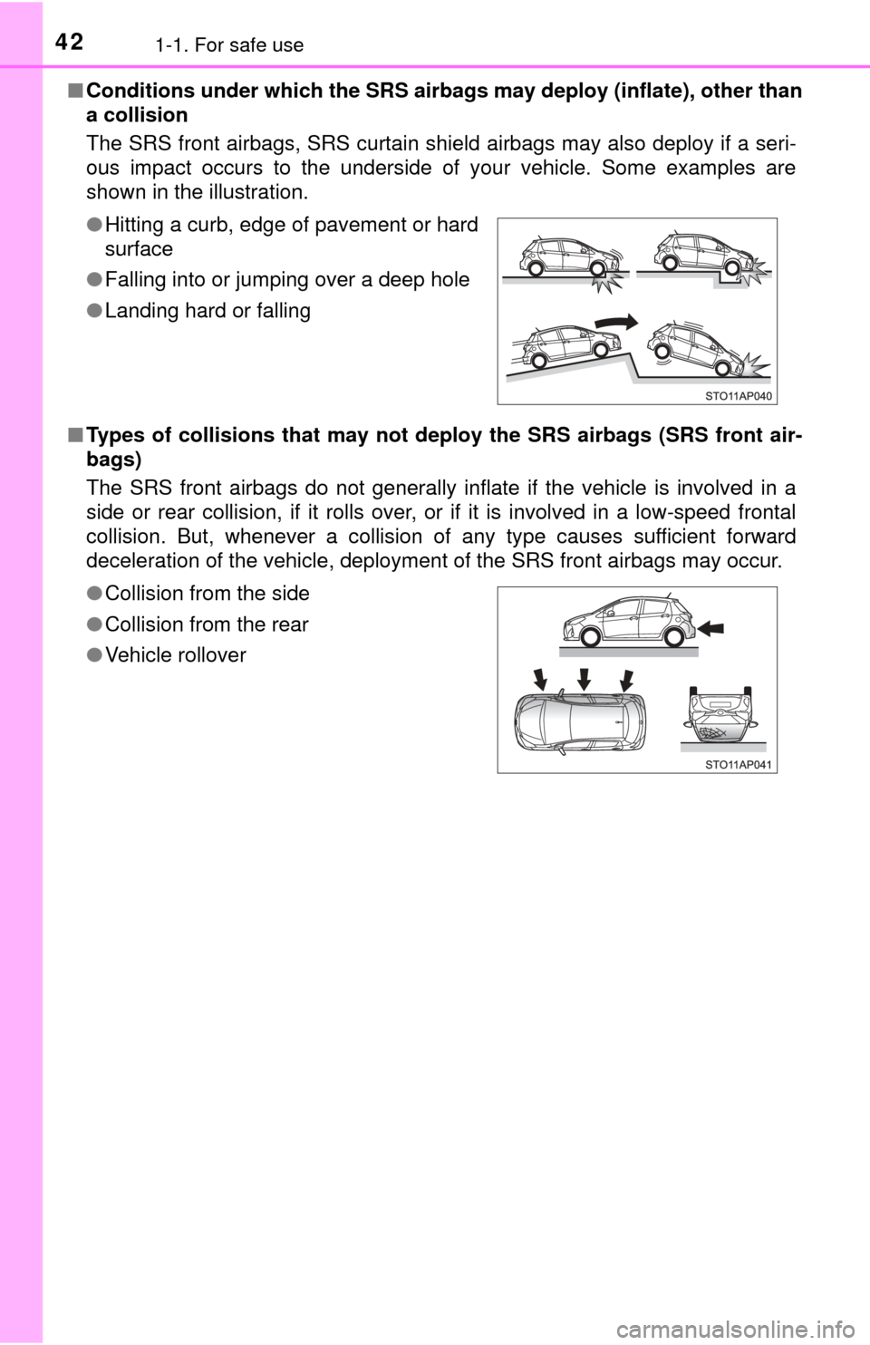 TOYOTA YARIS 2017 3.G Service Manual 421-1. For safe use
■Conditions under which the SRS airbags may deploy (inflate), other than
a collision
The SRS front airbags, SRS curtain shield airbags may also deploy if a seri-
ous impact occu TOYOTA YARIS 2017 3.G Service Manual 421-1. For safe use
■Conditions under which the SRS airbags may deploy (inflate), other than
a collision
The SRS front airbags, SRS curtain shield airbags may also deploy if a seri-
ous impact occu