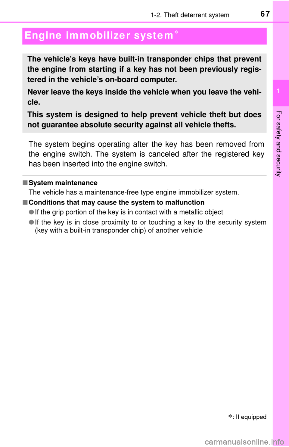 TOYOTA YARIS 2017 3.G Repair Manual 671-2. Theft deterrent system
1
For safety and security
Engine immobilizer system∗
The system begins operating after the key has been removed from
the engine switch. The system is canceled after the TOYOTA YARIS 2017 3.G Repair Manual 671-2. Theft deterrent system
1
For safety and security
Engine immobilizer system∗
The system begins operating after the key has been removed from
the engine switch. The system is canceled after the