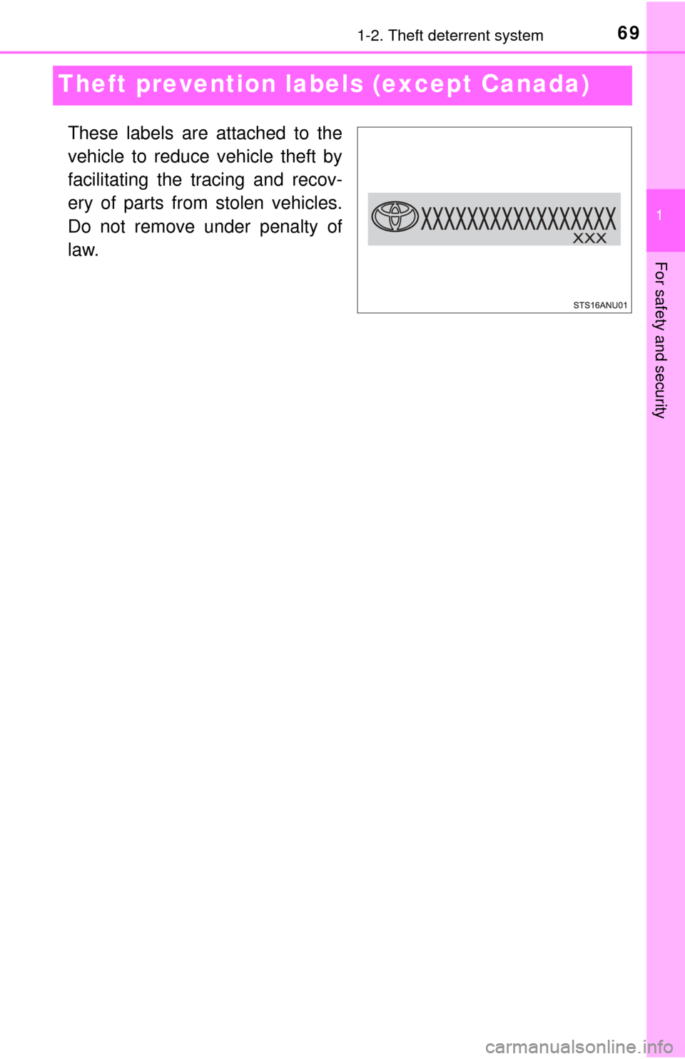 TOYOTA YARIS 2017 3.G Repair Manual 691-2. Theft deterrent system
1
For safety and security
Theft prevention labels (except Canada)
These labels are attached to the
vehicle to reduce vehicle theft by
facilitating the tracing and recov-
TOYOTA YARIS 2017 3.G Repair Manual 691-2. Theft deterrent system
1
For safety and security
Theft prevention labels (except Canada)
These labels are attached to the
vehicle to reduce vehicle theft by
facilitating the tracing and recov-