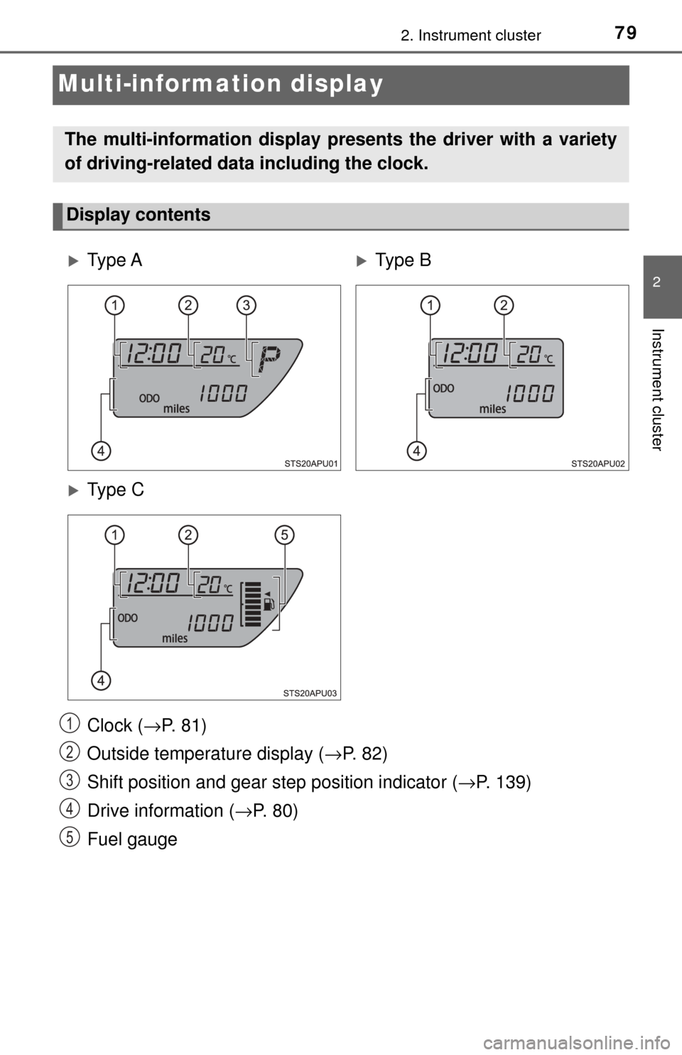 TOYOTA YARIS 2017 3.G Manual PDF 792. Instrument cluster
2
Instrument cluster
Multi-information display
Clock (→P. 81)
Outside temperature display ( →P.  8 2 )
Shift position and gear step position indicator ( →P. 139)
Drive in