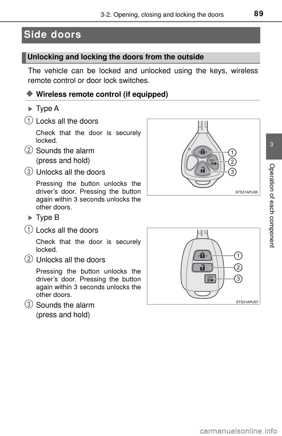 TOYOTA YARIS 2017 3.G Owners Manual 893-2. Opening, closing and locking the doors
3
Operation of each component
Side doors
The vehicle can be locked and unlocked using the keys, wireless
remote control or door lock switches.
◆Wireless