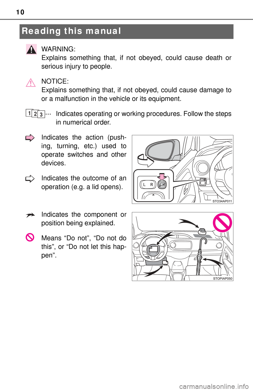 TOYOTA YARIS 2017 3.G Owners Manual 10
Reading this manual
WARNING: 
Explains something that, if not obeyed, could cause death or
serious injury to people.
NOTICE: 
Explains something that, if not obeyed, could cause damage to
or a malf