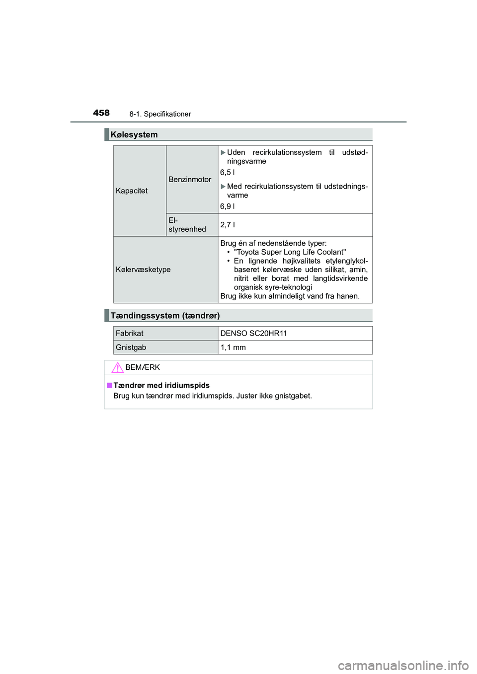 TOYOTA PRIUS PLUS 2014  Brugsanvisning (in Danish) 4588-1. Specifikationer
OM47888DK
Kølesystem
Kapacitet
Benzinmotor
Uden recirkulationssystem til udstød-
ningsvarme
6,5 l
Med recirkulationssystem til udstødnings-
varme
6,9 l
El-
styreenhed2