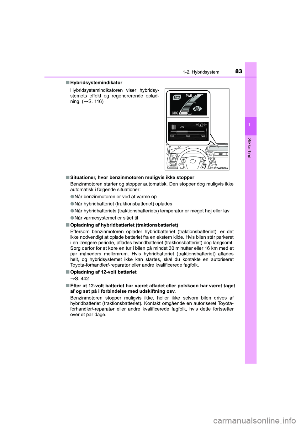 TOYOTA PRIUS PLUS 2014 Brugsanvisning (in Danish) 831-2. Hybridsystem
1
OM47888DK
Sikkerhed
nHybridsystemindikator
n Situationer, hvor benzin motoren muligvis ikke stopper
Benzinmotoren starter og stopper autom atisk. Den stopper dog muligvis ikke
au TOYOTA PRIUS PLUS 2014 Brugsanvisning (in Danish) 831-2. Hybridsystem
1
OM47888DK
Sikkerhed
nHybridsystemindikator
n Situationer, hvor benzin motoren muligvis ikke stopper
Benzinmotoren starter og stopper autom atisk. Den stopper dog muligvis ikke
au