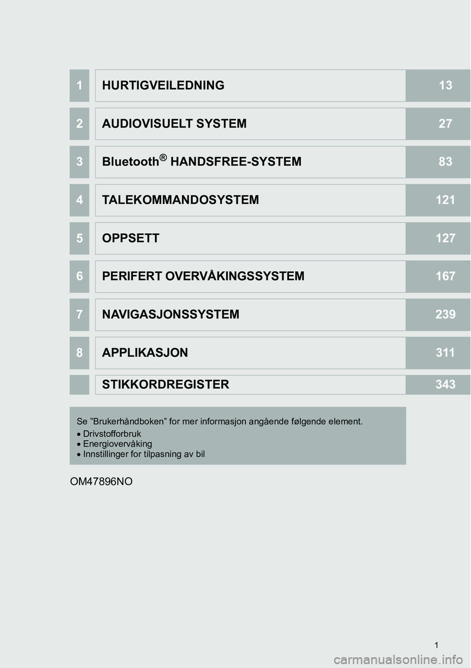 TOYOTA PRIUS PLUS 2014  Instruksjoner for bruk (in Norwegian) 1
OM47896NO
1HURTIGVEILEDNING13
2AUDIOVISUELT SYSTEM27
3Bluetooth® HANDSFREE-SYSTEM83
4TALEKOMMANDOSYSTEM121
5OPPSETT127
6PERIFERT OVERVÅKINGSSYSTEM167
7NAVIGASJONSSYSTEM239
8APPLIKASJON311
STIKKORD