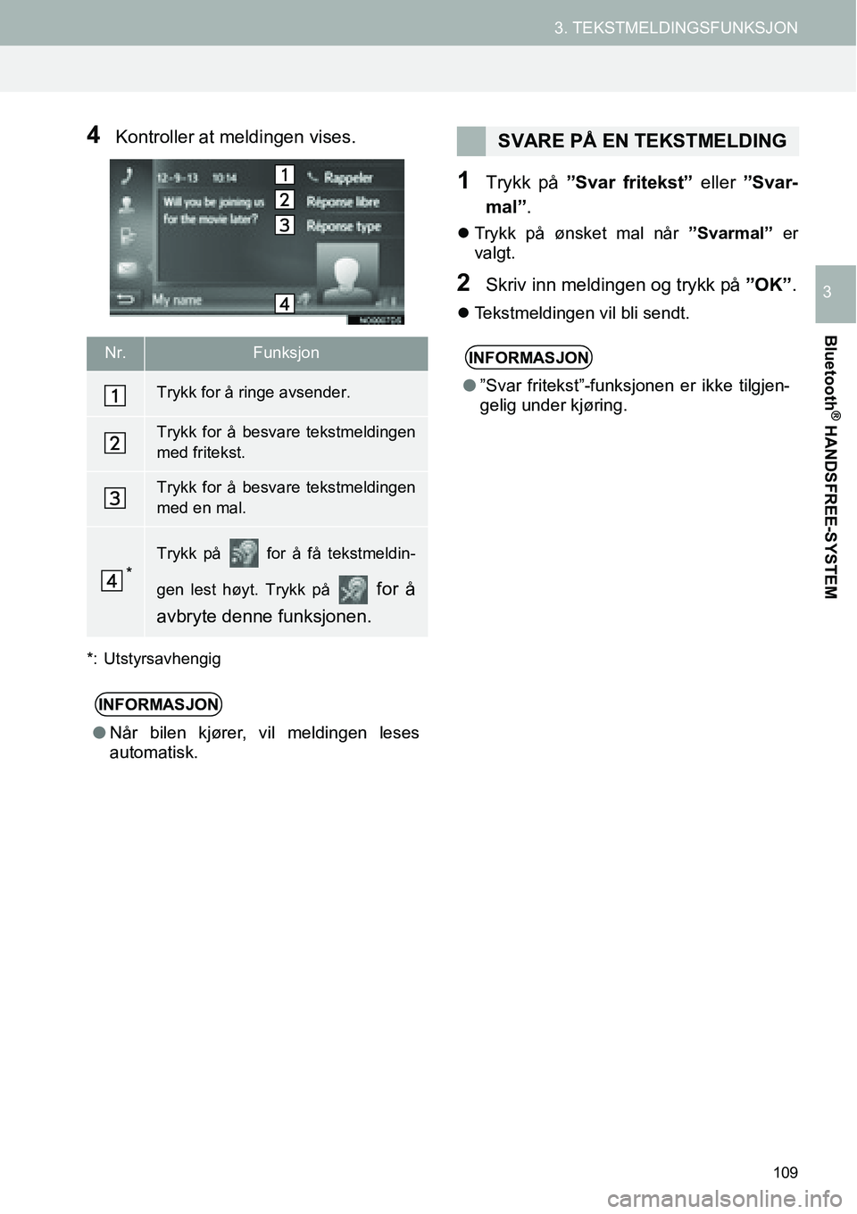 TOYOTA PRIUS PLUS 2014  Instruksjoner for bruk (in Norwegian) 109
3. TEKSTMELDINGSFUNKSJON
Bluetooth
® HANDSFREE-SYSTEM
3
4Kontroller at meldingen vises.
*: Utstyrsavhengig
1Trykk på ”Svar fritekst” eller ”Svar-
mal”.
�zTrykk på ønsket mal når ”Sv