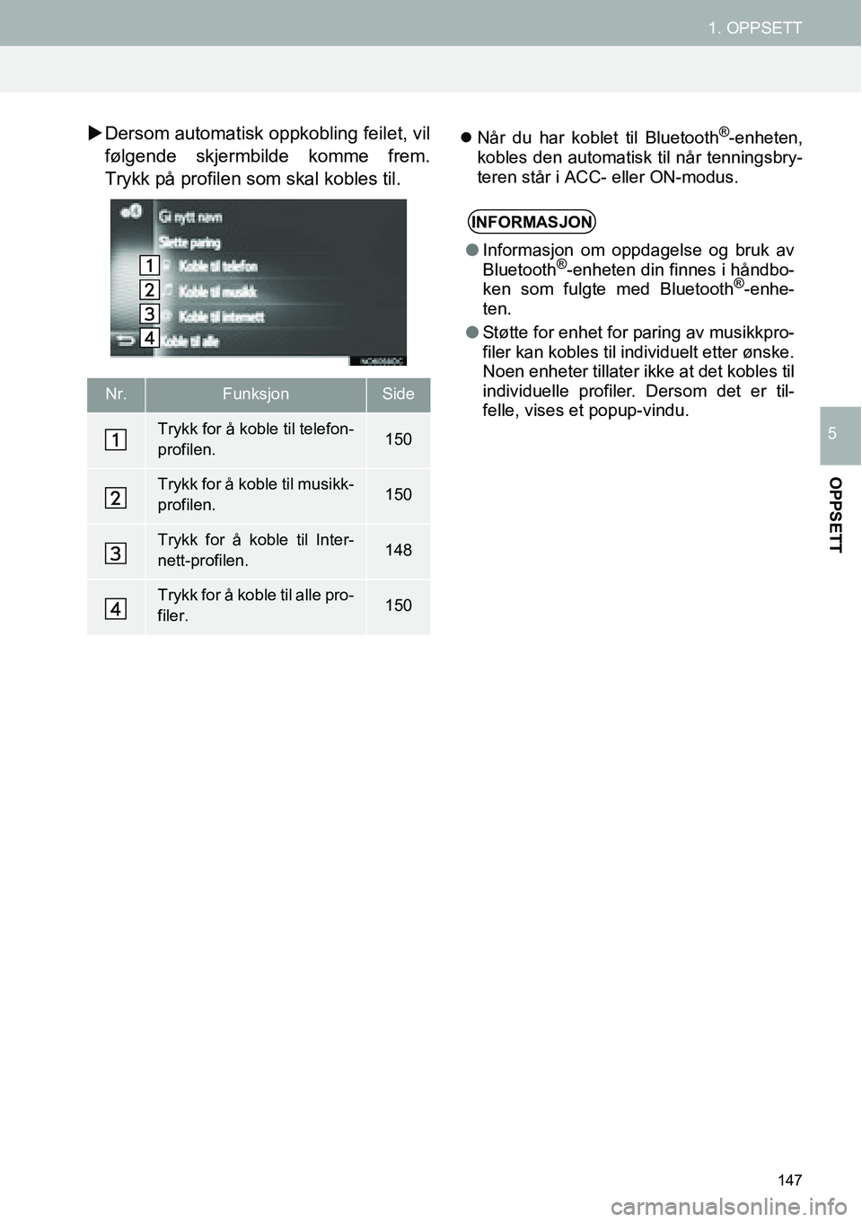 TOYOTA PRIUS PLUS 2014  Instruksjoner for bruk (in Norwegian) 147
1. OPPSETT
OPPSETT
5
�XDersom automatisk oppkobling feilet, vil
følgende skjermbilde komme frem.
Trykk på profilen som skal kobles til.�zNår du har koblet til Bluetooth®-enheten,
kobles den au