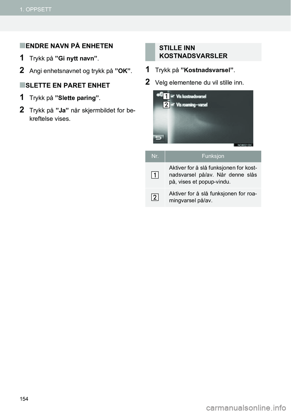 TOYOTA PRIUS PLUS 2014  Instruksjoner for bruk (in Norwegian) 154
1. OPPSETT
■ENDRE NAVN PÅ ENHETEN
1Trykk på ”Gi nytt navn”.
2Angi enhetsnavnet og trykk på ”OK”.
■SLETTE EN PARET ENHET
1Trykk på ”Slette paring”.
2Trykk på ”Ja” når skje