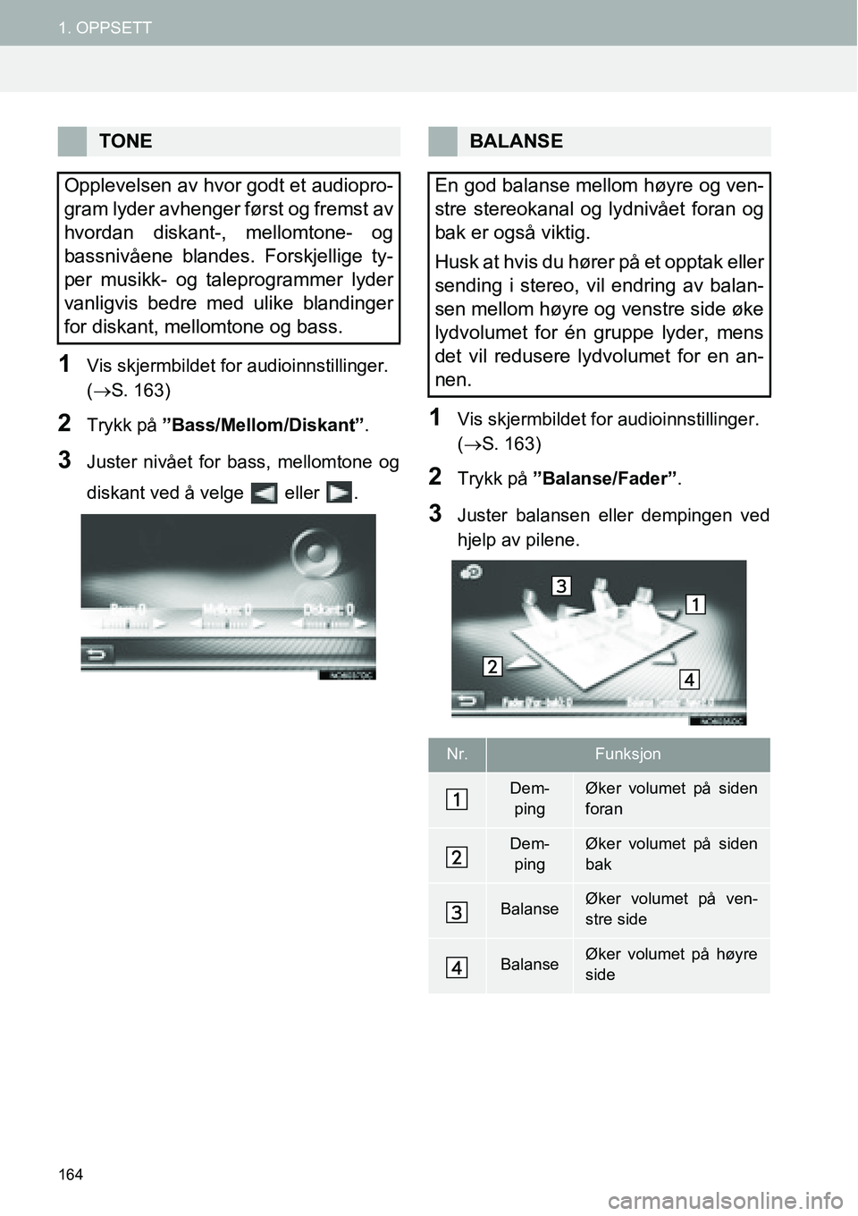 TOYOTA PRIUS PLUS 2014  Instruksjoner for bruk (in Norwegian) 164
1. OPPSETT
1Vis skjermbildet for audioinnstillinger. 
(→S. 163)
2Trykk på ”Bass/Mellom/Diskant”.
3Juster nivået for bass, mellomtone og
diskant ved å velge   eller  .
1Vis skjermbildet fo