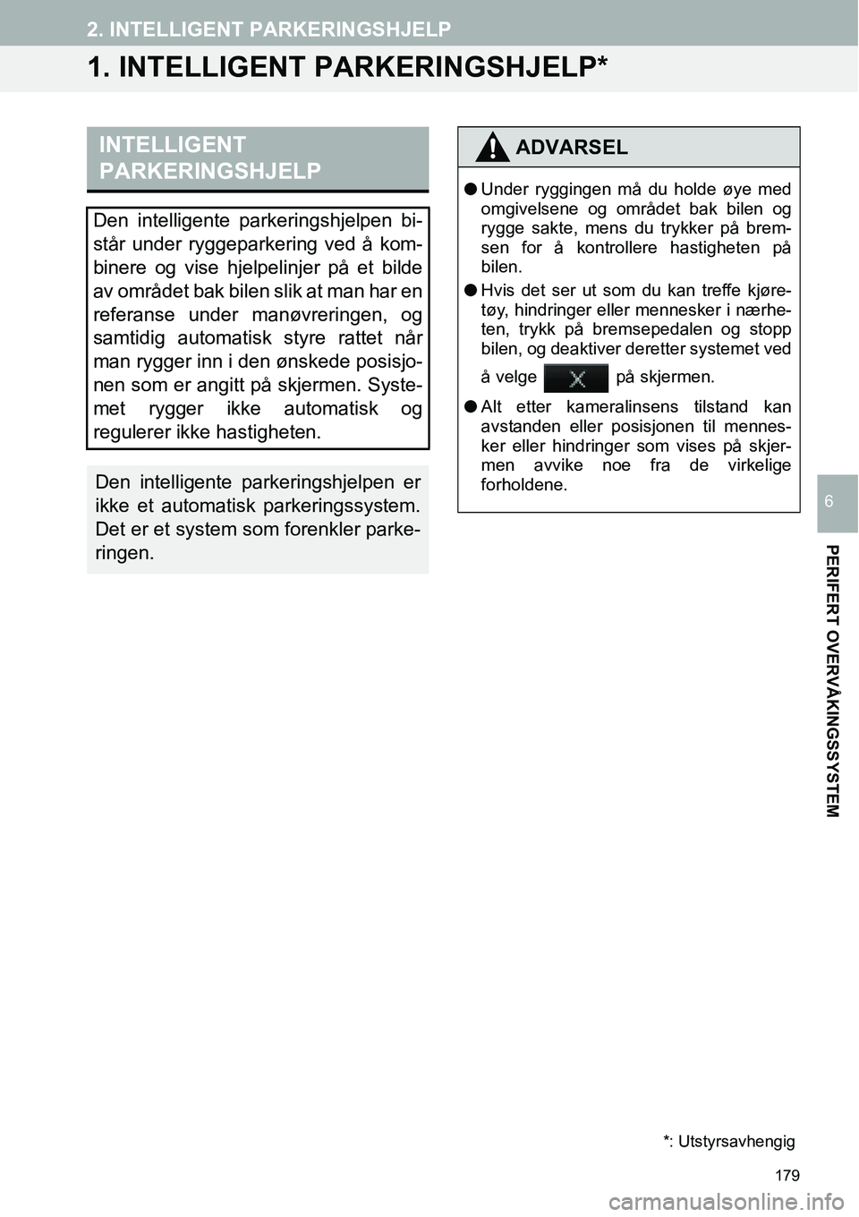 TOYOTA PRIUS PLUS 2014  Instruksjoner for bruk (in Norwegian) 179
PERIFERT OVERVÅKINGSSYSTEM
6
2. INTELLIGENT PARKERINGSHJELP
1. INTELLIGENT PARKERINGSHJELP*
INTELLIGENT 
PARKERINGSHJELP
Den intelligente parkeringshjelpen bi-
står under ryggeparkering ved å k