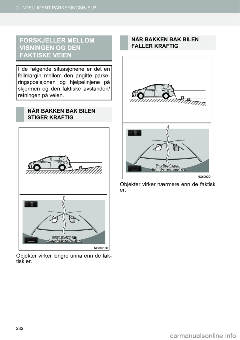 TOYOTA PRIUS PLUS 2014 Instruksjoner for bruk (in Norwegian) 232
2. INTELLIGENT PARKERINGSHJELP
Objekter virker lengre unna enn de fak-
tisk er.Objekter virker nærmere enn de faktisk
er.
FORSKJELLER MELLOM
VISNINGEN OG DEN
FAKTISKE VEIEN
I de følgende situa TOYOTA PRIUS PLUS 2014 Instruksjoner for bruk (in Norwegian) 232
2. INTELLIGENT PARKERINGSHJELP
Objekter virker lengre unna enn de fak-
tisk er.Objekter virker nærmere enn de faktisk
er.
FORSKJELLER MELLOM
VISNINGEN OG DEN
FAKTISKE VEIEN
I de følgende situa