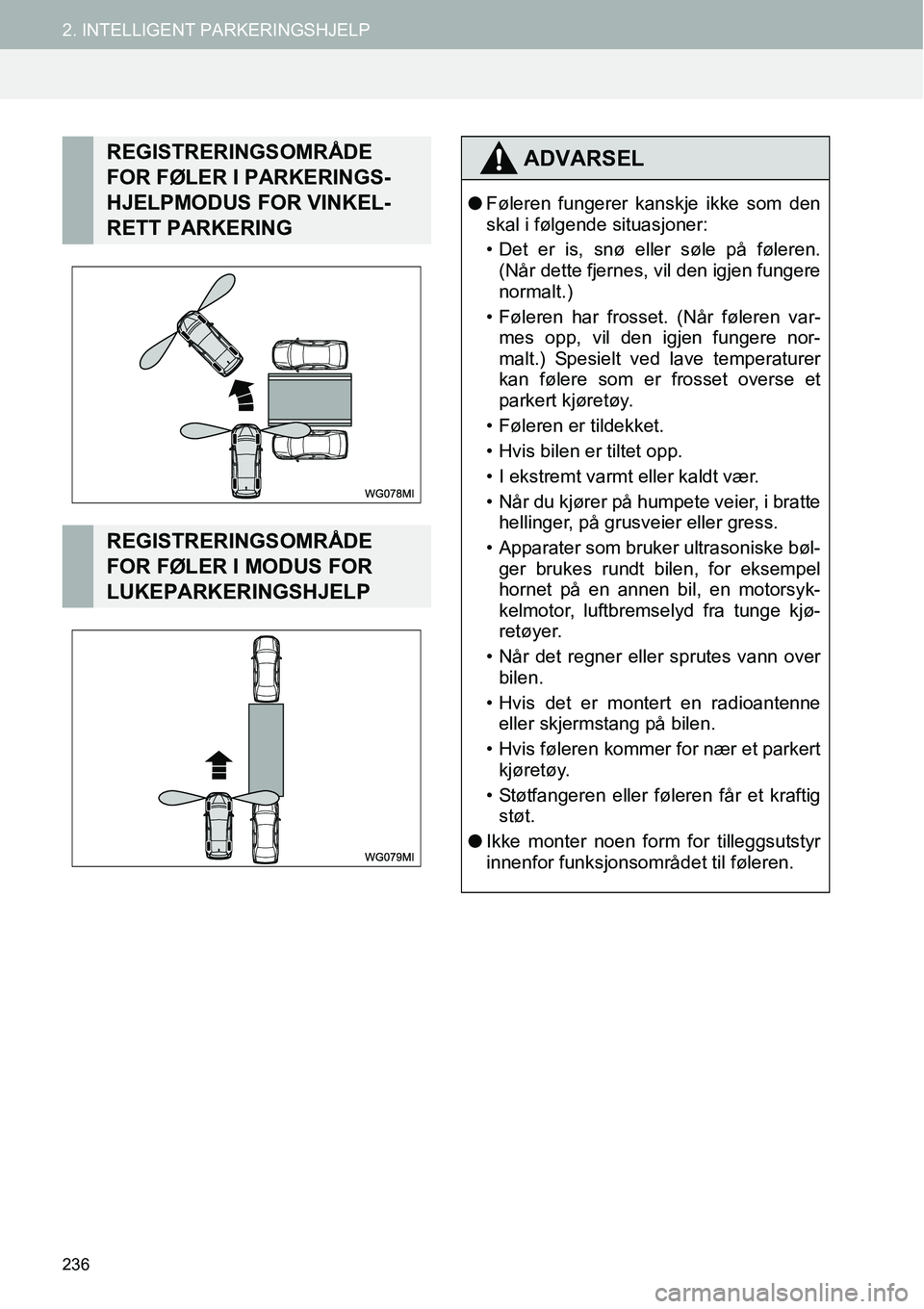 TOYOTA PRIUS PLUS 2014 Instruksjoner for bruk (in Norwegian) 236
2. INTELLIGENT PARKERINGSHJELP
REGISTRERINGSOMRÅDE
FOR FØLER I PARKERINGS-
HJELPMODUS FOR VINKEL-
RETT PARKERING
REGISTRERINGSOMRÅDE
FOR FØLER I MODUS FOR
LUKEPARKERINGSHJELP
ADVARSEL
●F TOYOTA PRIUS PLUS 2014 Instruksjoner for bruk (in Norwegian) 236
2. INTELLIGENT PARKERINGSHJELP
REGISTRERINGSOMRÅDE
FOR FØLER I PARKERINGS-
HJELPMODUS FOR VINKEL-
RETT PARKERING
REGISTRERINGSOMRÅDE
FOR FØLER I MODUS FOR
LUKEPARKERINGSHJELP
ADVARSEL
●F