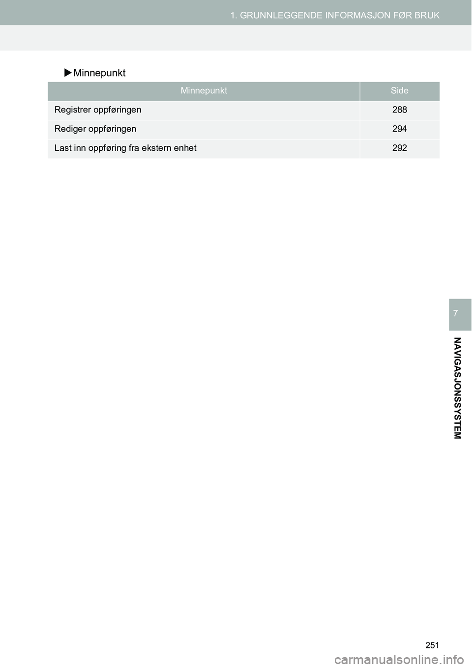 TOYOTA PRIUS PLUS 2014  Instruksjoner for bruk (in Norwegian) 251
1. GRUNNLEGGENDE INFORMASJON FØR BRUK
NAVIGASJONSSYSTEM
7
�XMinnepunkt
MinnepunktSide
Registrer oppføringen288
Rediger oppføringen294
Last inn oppføring fra ekstern enhet292 