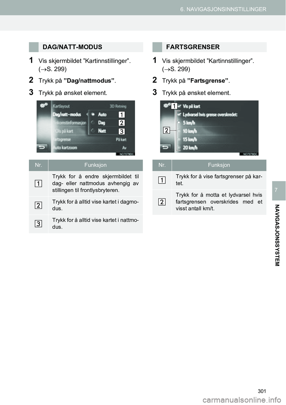 TOYOTA PRIUS PLUS 2014 Instruksjoner for bruk (in Norwegian) 301
6. NAVIGASJONSINNSTILLINGER
NAVIGASJONSSYSTEM
7
1Vis skjermbildet ”Kartinnstillinger”.
(→S. 299)
2Trykk på ”Dag/nattmodus”.
3Trykk på ønsket element.
1Vis skjermbildet ”Kartinnstil TOYOTA PRIUS PLUS 2014 Instruksjoner for bruk (in Norwegian) 301
6. NAVIGASJONSINNSTILLINGER
NAVIGASJONSSYSTEM
7
1Vis skjermbildet ”Kartinnstillinger”.
(→S. 299)
2Trykk på ”Dag/nattmodus”.
3Trykk på ønsket element.
1Vis skjermbildet ”Kartinnstil